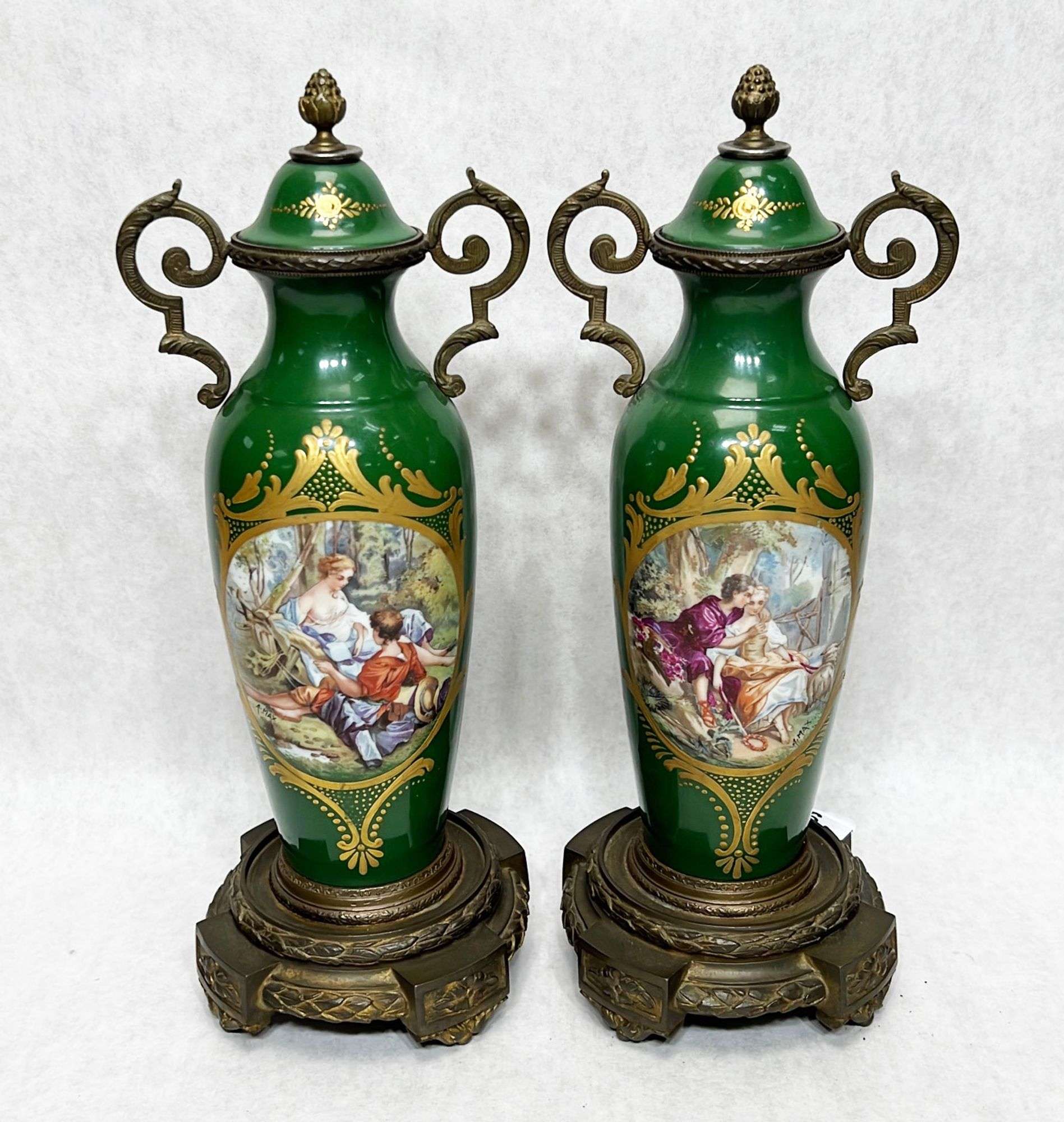 Appraisal: Pair continental bronze mounted porcelain urnsLate th or early thC