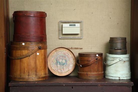 Appraisal: FIVE WOODEN FIRKINS Stave constructed lidded firkins two painted one