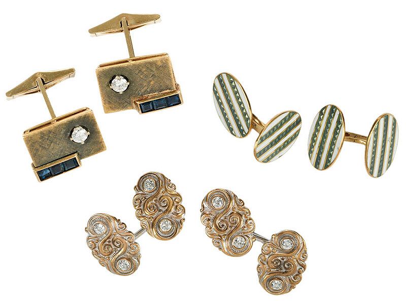 Appraisal: Three Pairs Gold Cufflinks green and white enamel stamped and