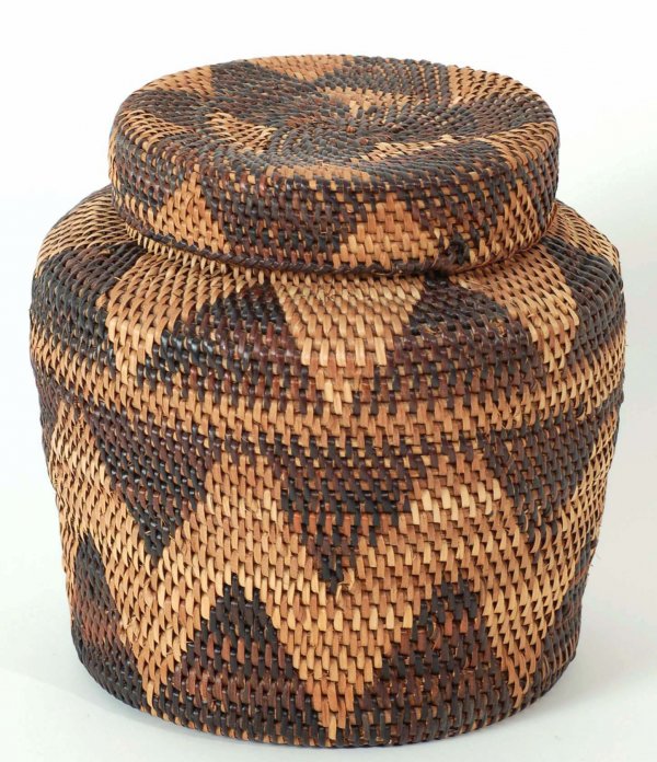 Appraisal: A woven Native American lidded basket Geometric design MEASUREMENTS high