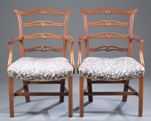 Appraisal: Pair of Chippendale-Style Ribbon-Back Chairs Mahogany Serpentine crest with ribbon