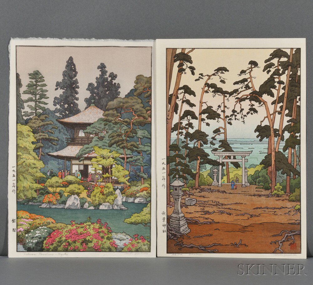 Appraisal: Toshi Yoshida - Two Color Woodblock Prints Japan Silver Pavilion