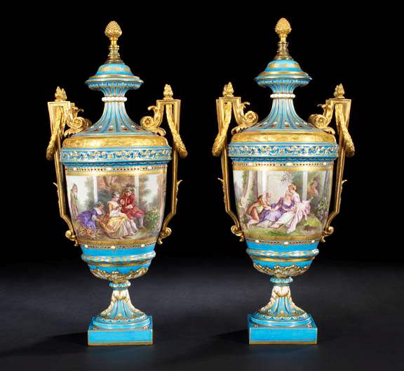 Appraisal: Large Elegant Pair of French Richly Gilded Enamel-Jeweled and Gilt-Brass-Mounted