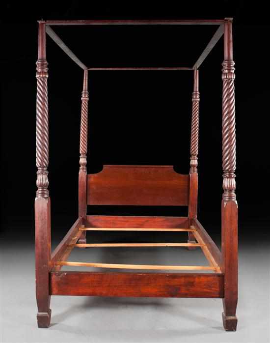 Appraisal: George IV mahogany canopy bedstead circa harp twist posts Estimate