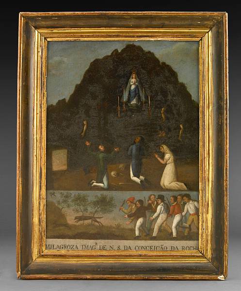 Appraisal: A Portuguese painted retablo circa On zinc depicting the Virgin