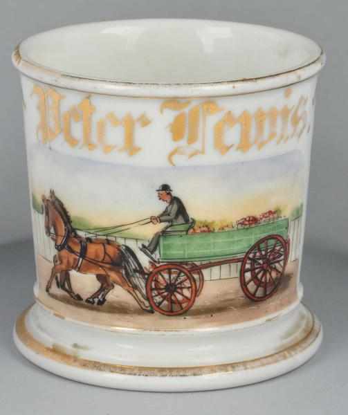 Appraisal: Horse-Drawn Apple Wagon Shaving Mug Description Gilt name Peter Lewis