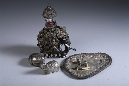 Appraisal: INDIAN OR SOUTHEAST ASIAN SILVER ANIMAL-FORM BOXES TRAY WOOD AND