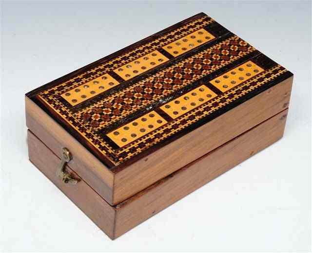 Appraisal: A TUNBRIDGEWARE FOLDING CRIBBAGE BOARD with geometric designs long