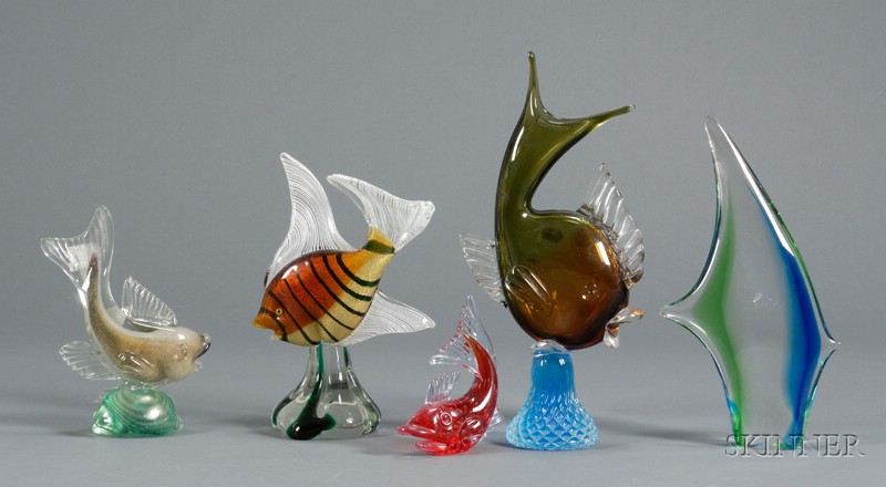 Appraisal: Five Italian Art Glass Fish Figurines each figurine in multicolored