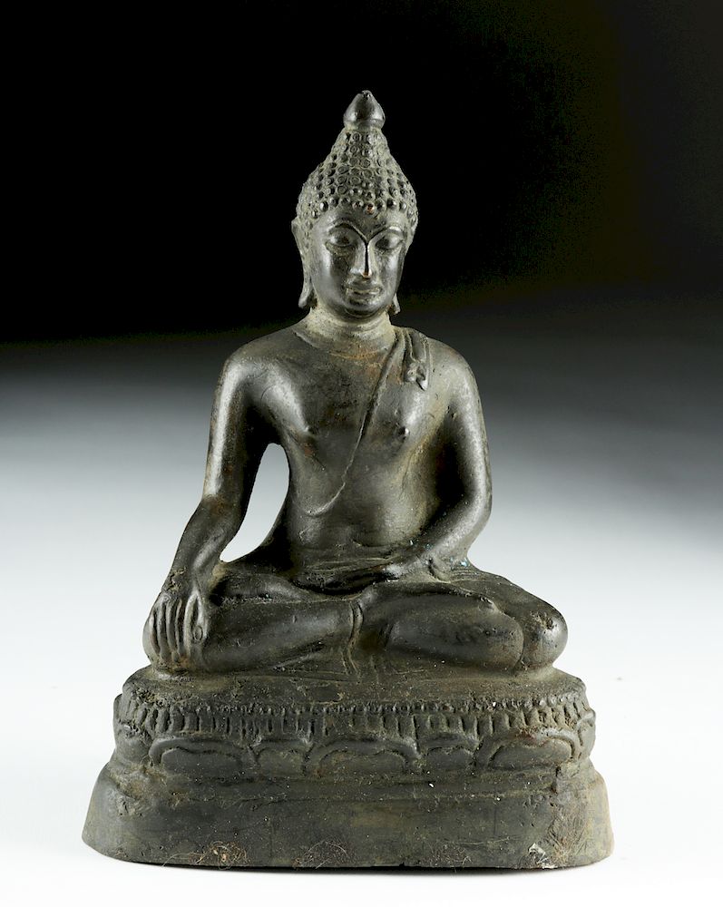 Appraisal: th C Thai Brass Seated Buddha Atop Throne Originally Listed