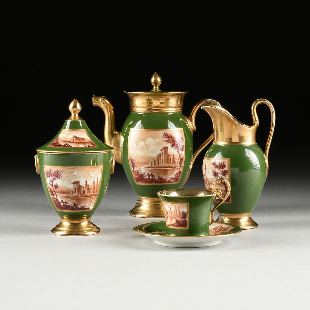 Appraisal: A FIFTEEN PIECE EMPIRE PARCEL GILT MOSS GREEN VIEUX PARIS