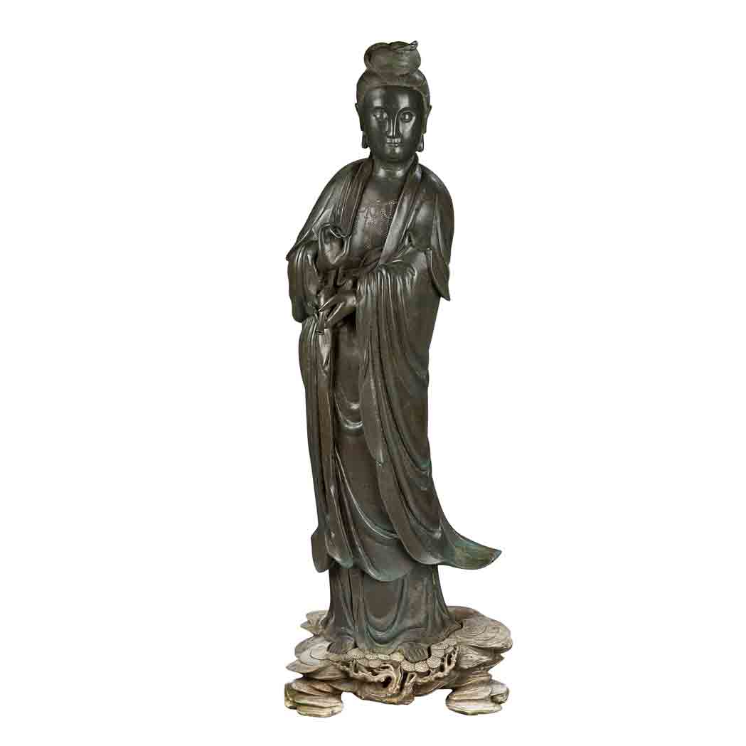 Appraisal: Chinese Silver Inlaid Bronze Guanyin th Century or earlier Standing