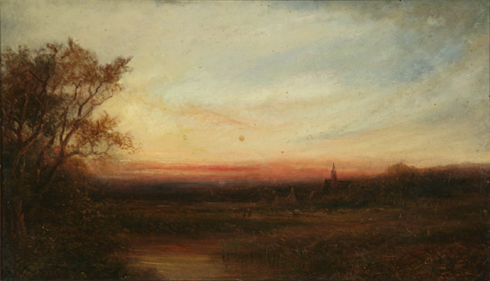 Appraisal: British School th Century Rural Landscape Sunset Unsigned Oil on