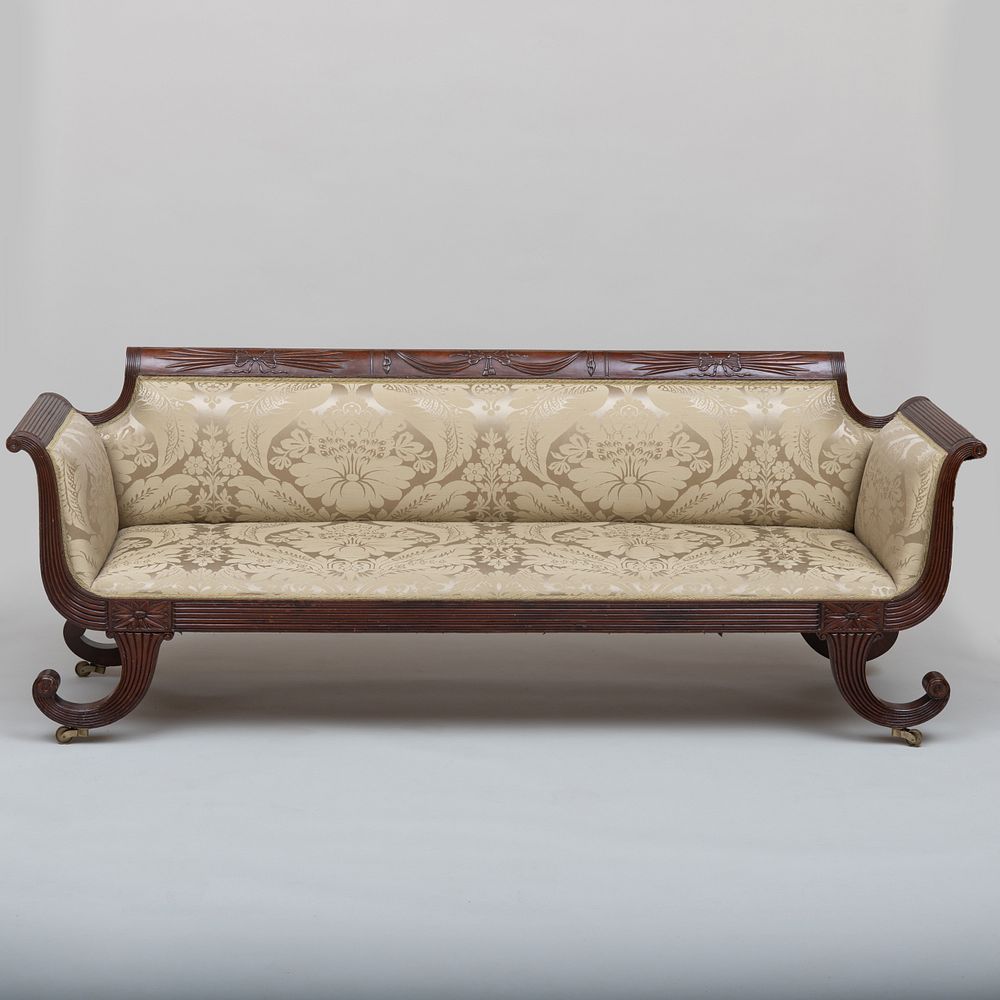 Appraisal: Federal Mahogany Settee New York Upholstered in silk damask fabric