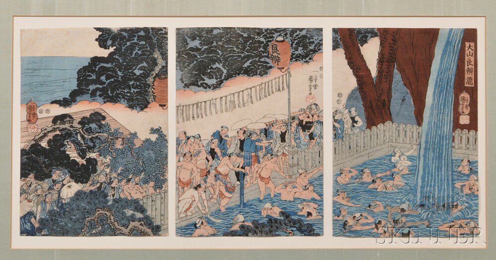 Appraisal: Woodblock Print Triptych Japan Kuniyoshi - depicting men bathing in