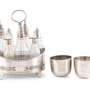 Appraisal: A George III Silver Cruet Set and Pair of Wine