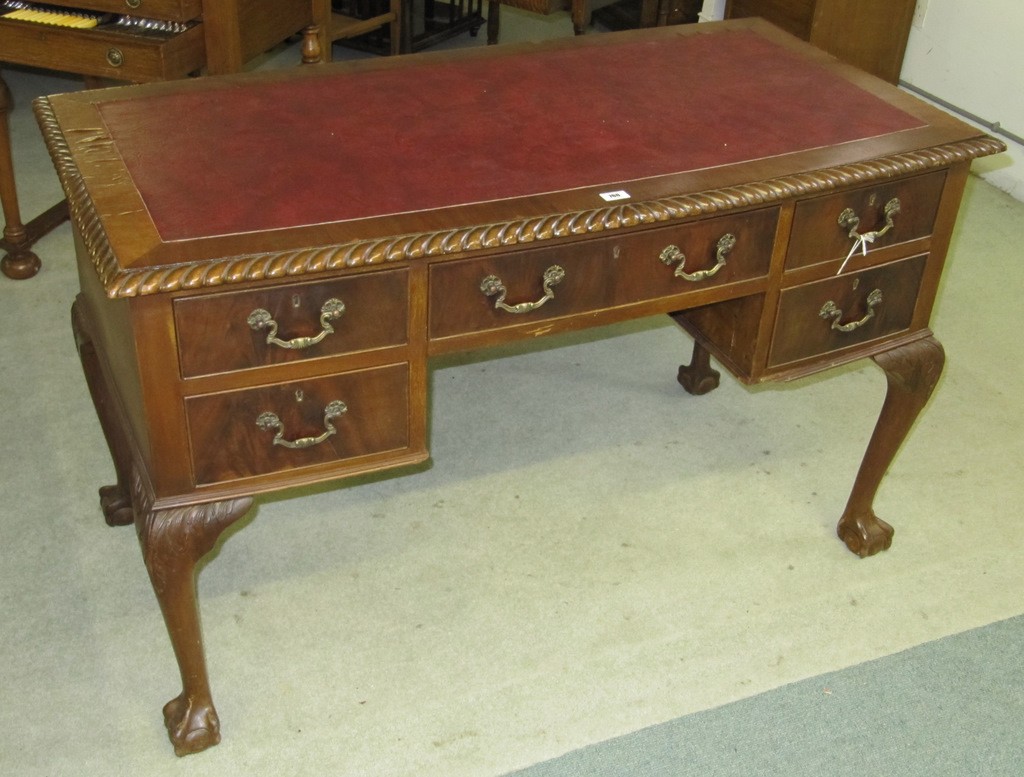 Appraisal: Mahogany kneehole desk with leather top and pie crust edges