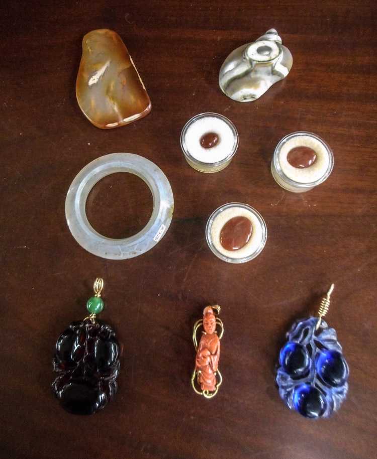 Appraisal: NINE PIECES OF GEMSTONE SHELL CORAL AND GLASS stones and