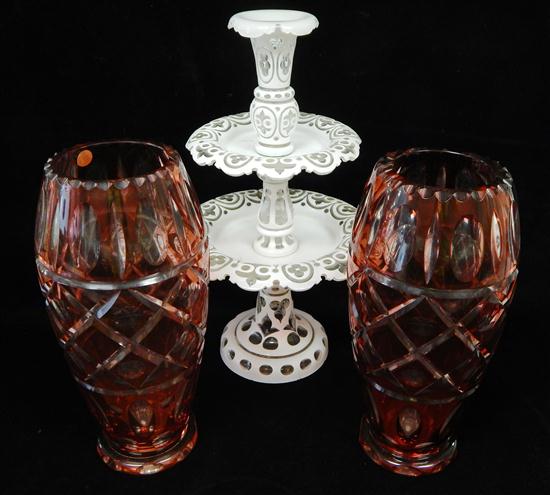 Appraisal: Color cut to clear glass three pieces two large cranberry