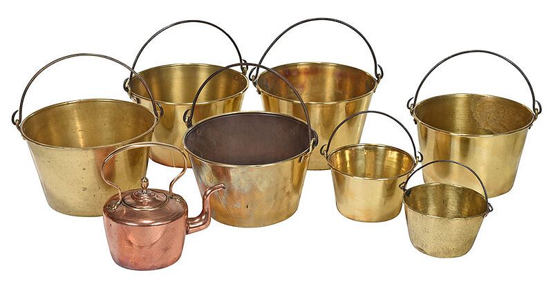 Appraisal: Copper Kettle with Seven Brass Buckets American late th th