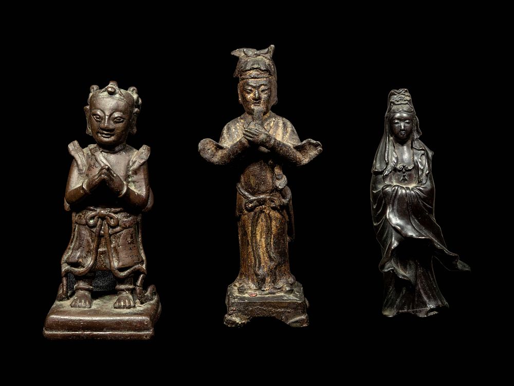 Appraisal: Three Chinese Bronze Figures Three Chinese Bronze Figures each depicted