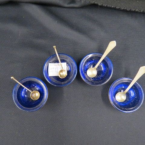 Appraisal: Sterling Silver Salt Cellars Spoon cobalt glass liners