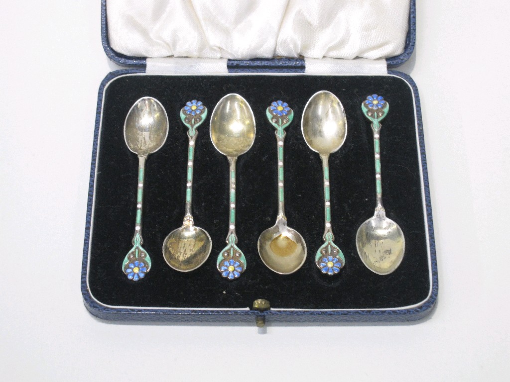 Appraisal: Cased set of six silver and enamel coffee spoons Chester