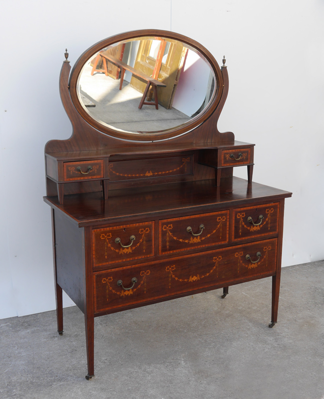 Appraisal: FRENCH STYLE INLAID VANITY Central oval mirror over open shelf