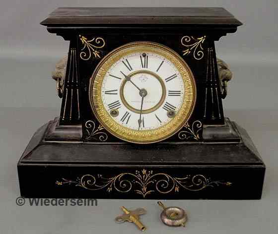 Appraisal: Black metal Ansonia mantel clock Imogene model with lion head