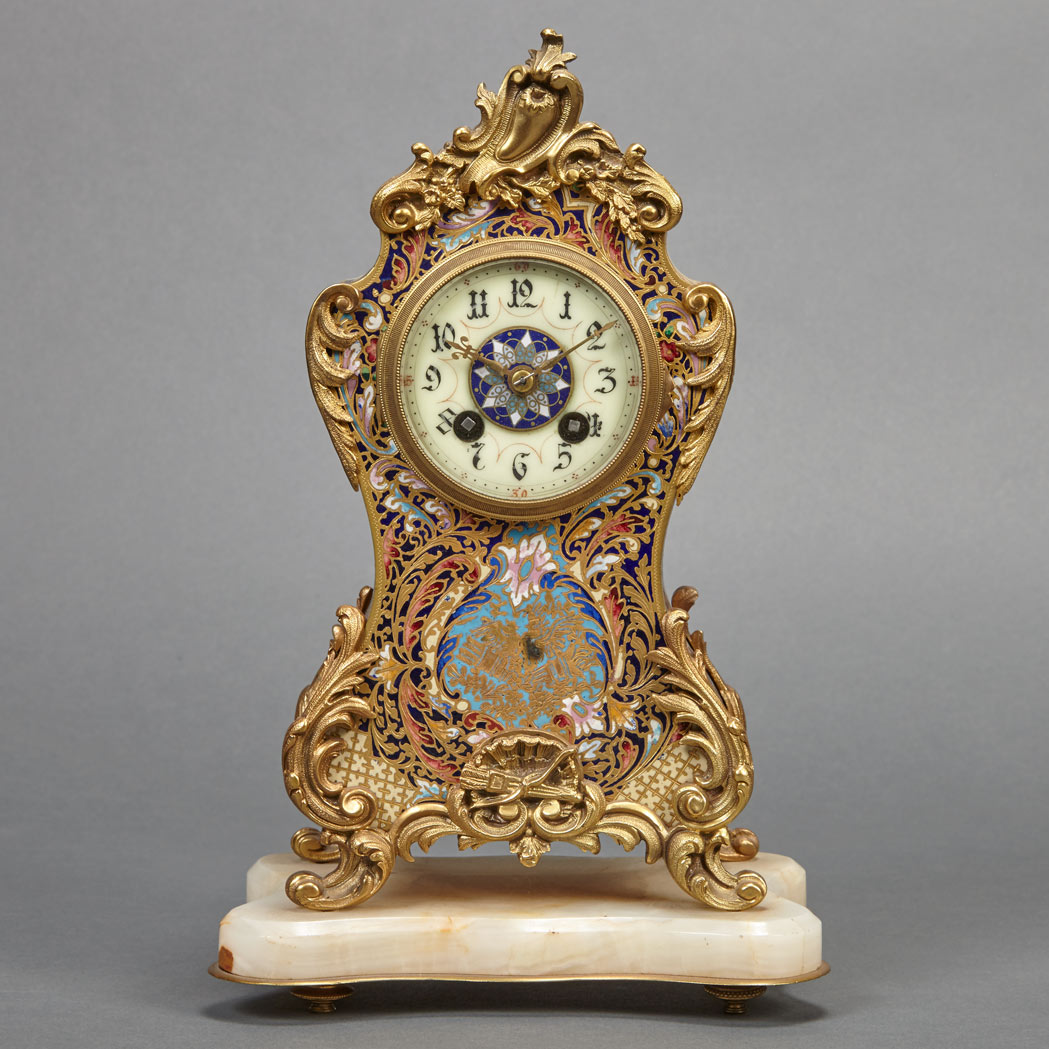 Appraisal: French Champleve Enameled and Gilt-Metal Mounted Mantel Clock In the