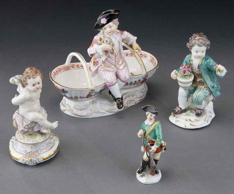 Appraisal: Pcs Meissen figural porcelain including seated boy with a flower