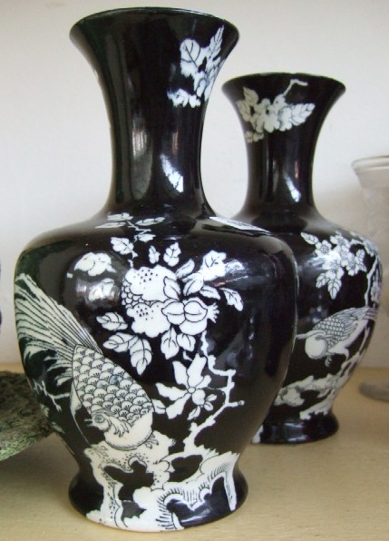 Appraisal: A pair of Wood Sons black printed pottery vases th