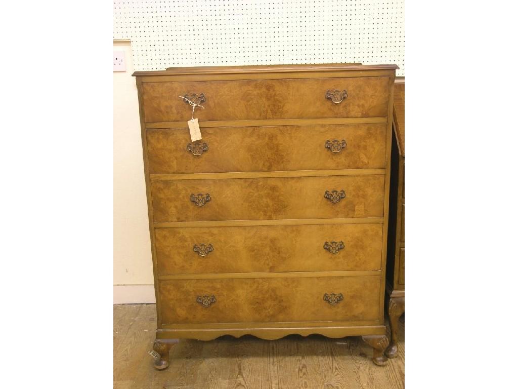 Appraisal: A burr walnut bedroom chest five long drawers cabriole feet