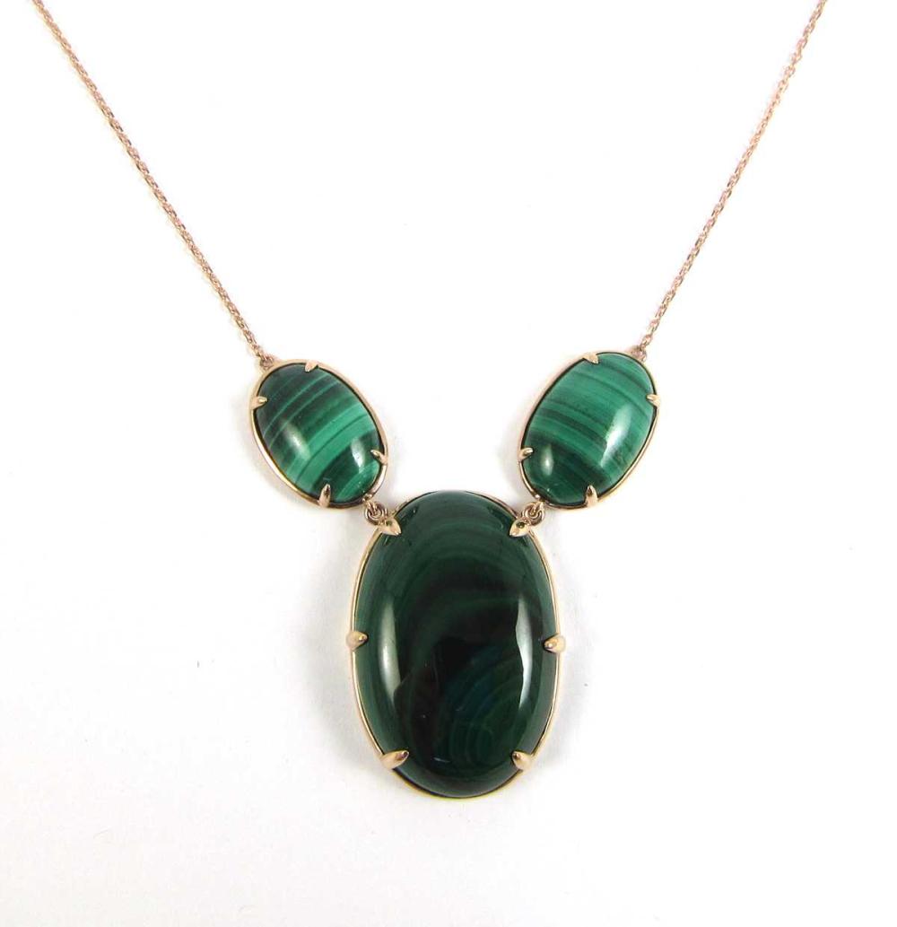 Appraisal: GREEN MALACHITE PENDANT NECKLACE Oval malachite cabochons K rose gold