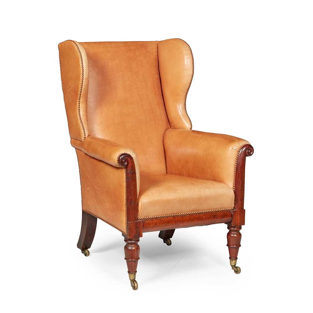 Appraisal: WILLIAM IV MAHOGANY LEATHER UPHOLSTERED WING ARMCHAIR EARLY TH CENTURY