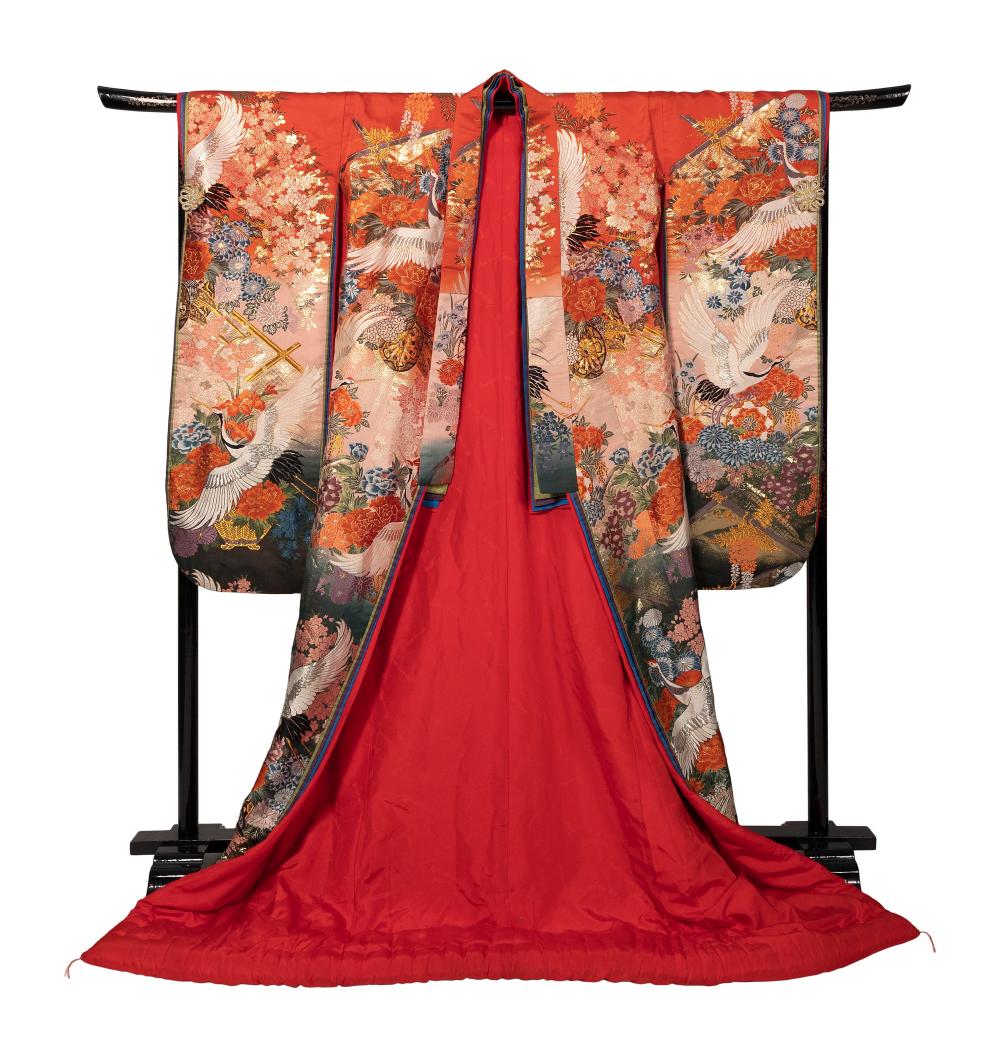 Appraisal: JAPANESE WEDDING KIMONO AND A BLACK LACQUER KIMONO STAND TH