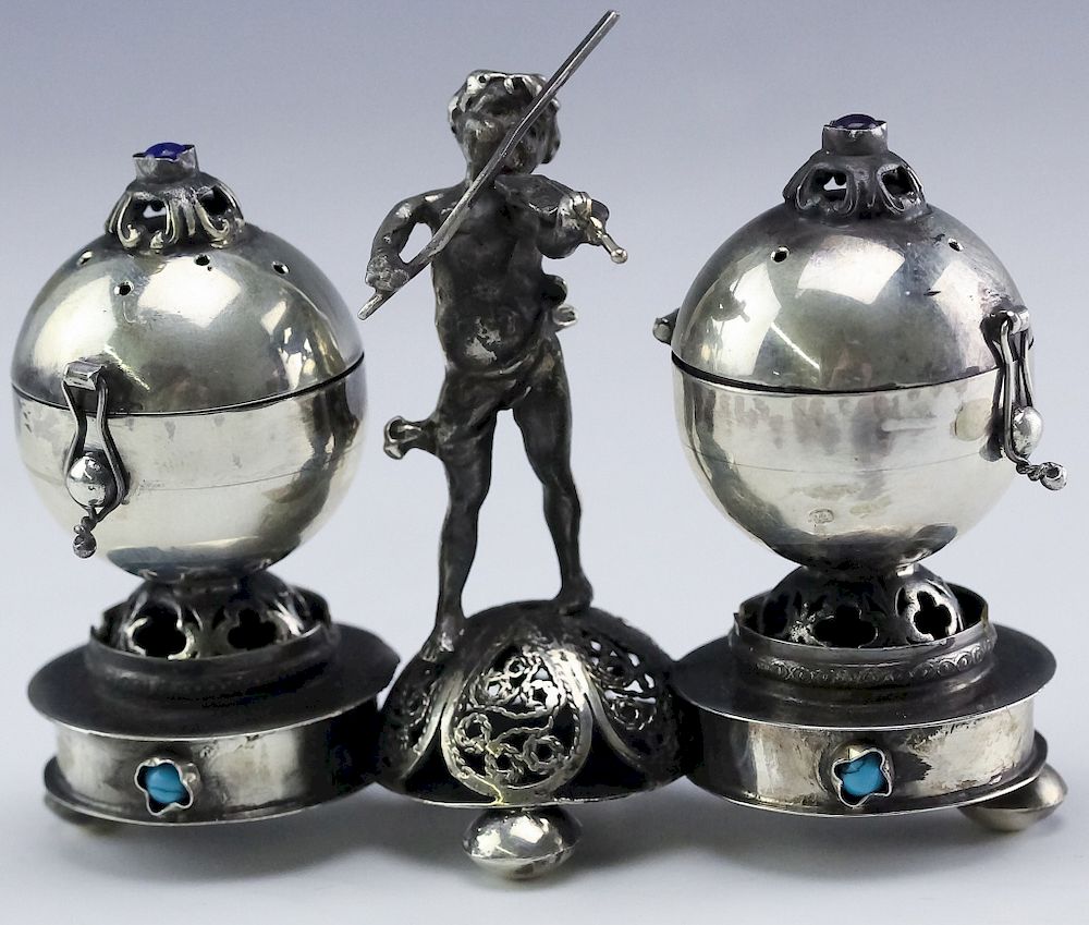 Appraisal: Russian Silver Figural Spice Shakers Judaica Antique Russian spice shakers