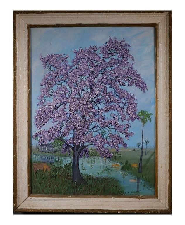 Appraisal: Folk art painting depicting a large purple Jacaranda tree in