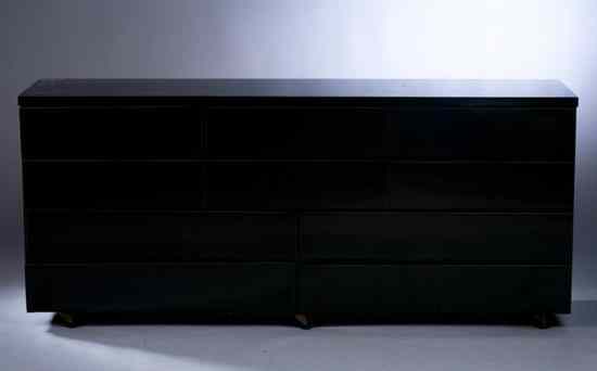 Appraisal: MODERN BLACK-LAMINATE CHEST-OF-DRAWERS circa - Two pairs of three-over-three drawers