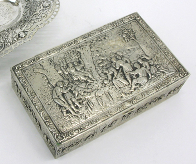 Appraisal: GERMAN FINE SILVER REPOUSSE BOX with parcel gilt interior the