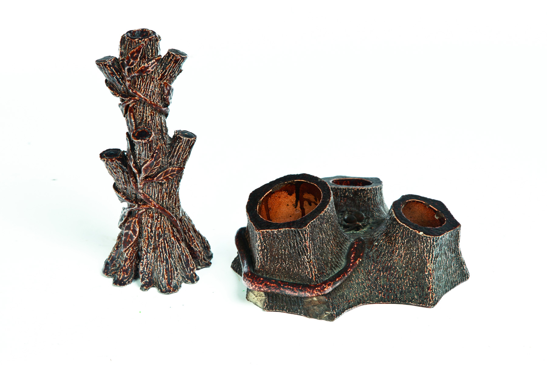 Appraisal: TWO AMERICAN SEWERTILE TREE TRUNKS Early th century Desk set