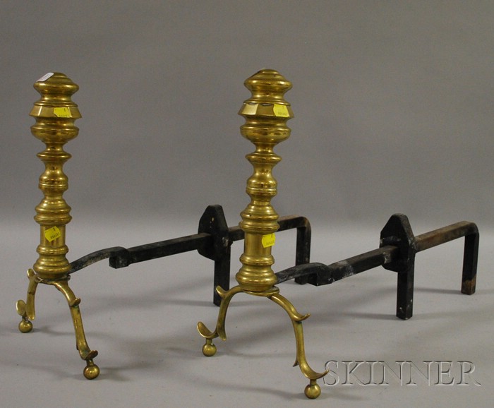 Appraisal: Pair of Brass Ring-turned Andirons with seam ht in