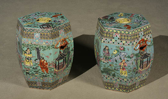 Appraisal: Pair of Chinese 'Famille Rose' Celadon Ground Hexagonal Garden Seats