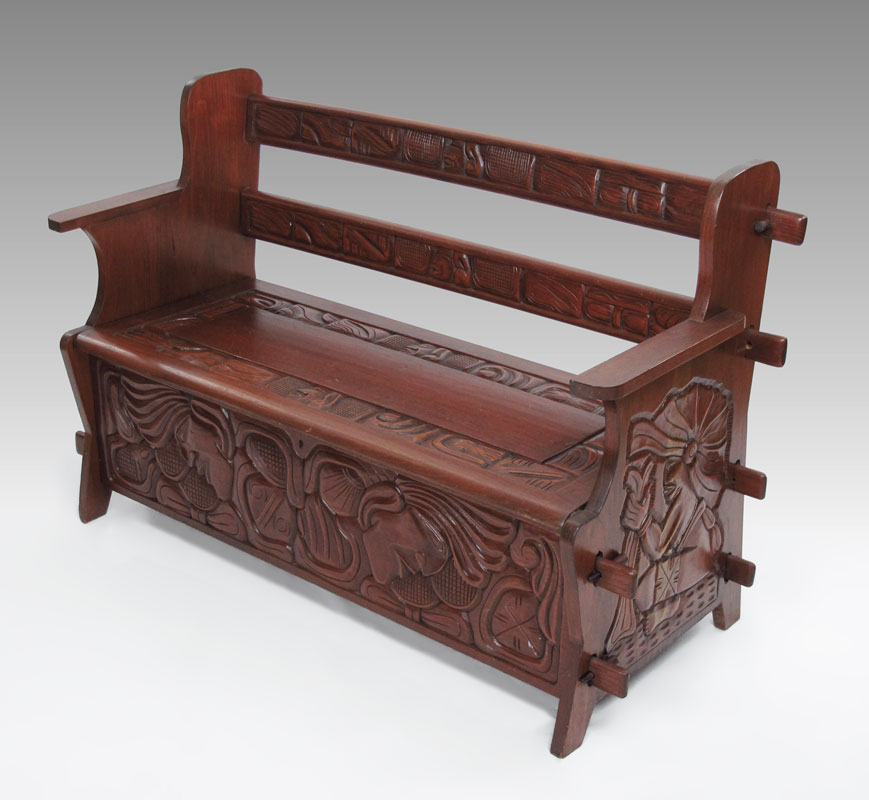 Appraisal: CARVED NARRA WOOD BENCH Carved with Aztec motifs '' h