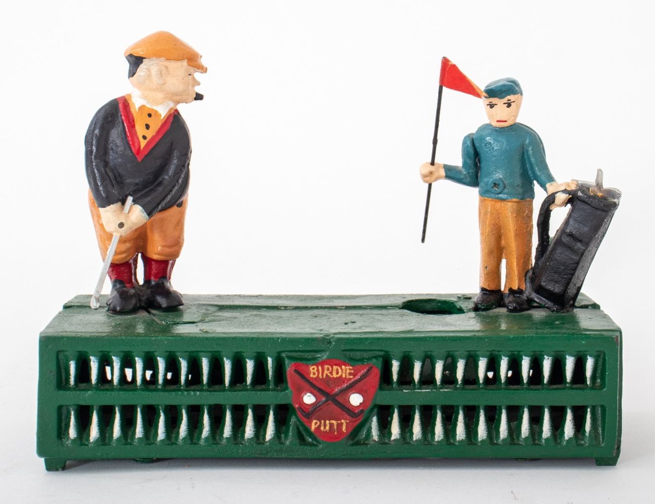 Appraisal: CAST IRON GOLF SCENE MONEY BOX OR PIGGY BANK Modern