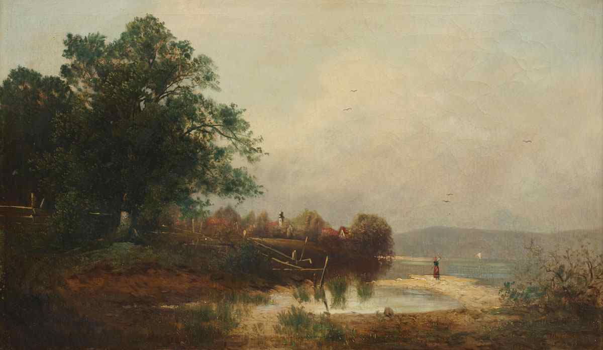 Appraisal: GOOD TH CENTURY RIVERSIDE LANDSCAPE PAINTING WITH FIGURE NEAR A