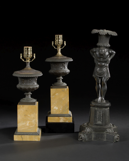 Appraisal: Pair of Louis-Philippe-Style Patinated Bronze Garniture Coupes on Siena Marble