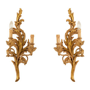 Appraisal: A Pair of Italian Giltwood Two Light Wall Sconces th