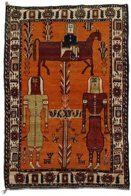 Appraisal: Hand woven Karaghasli Shiraz rug two figures below horse with