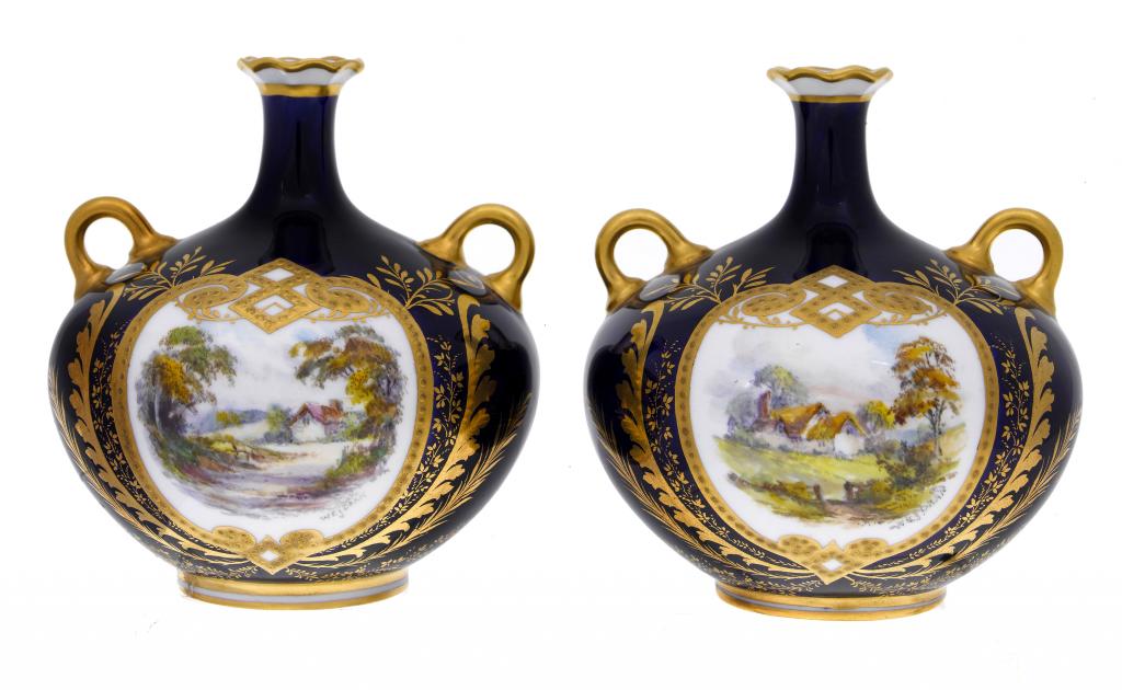 Appraisal: A PAIR OF ROYAL CROWN DERBY COBALT GROUND VASES painted